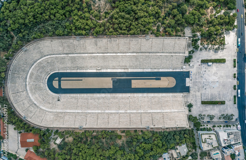 Overhead aerial drone shot of Panathenaic marble stadium in Pangrati, Athens