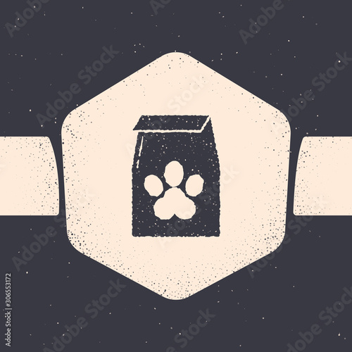 Grunge Bag of food for pet icon isolated on grey background. Food for animals. Pet food package. Dog or cat paw print. Monochrome vintage drawing. Vector Illustration