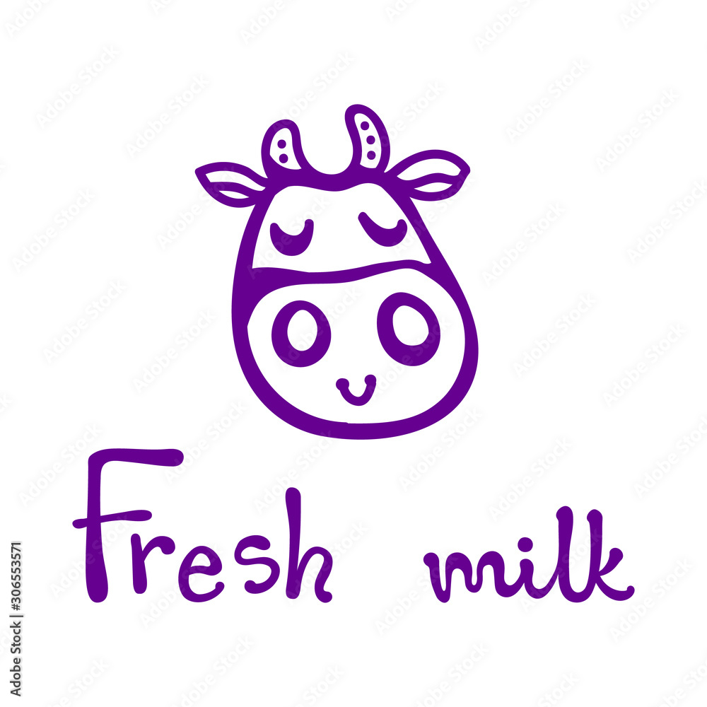 Fototapeta premium Vector illustration, line cartoon violet cow face. Hand drawn, Isolated. With 