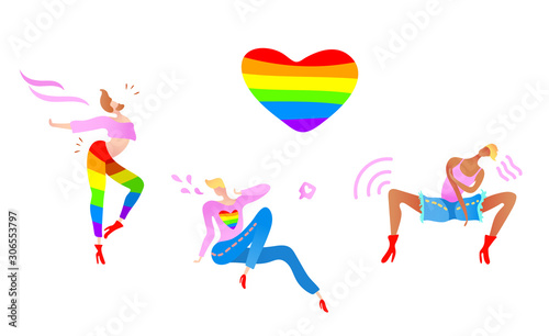 Vector colorful illustration, trendy gay men on heels set. Flat cartoon style, isolated. Contains rainbow flag. Applicable for LGBT (LGBTQ), transgender rights, pride parade, love is love concepts.