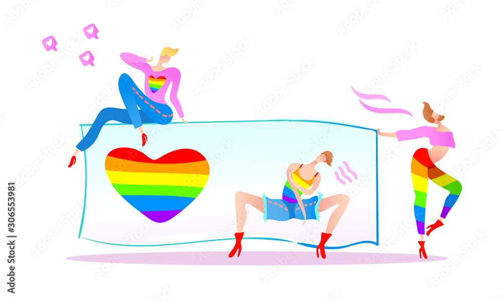 Vector colorful illustration, trendy gay men on heels with a poster and a rainbow heart. Flat cartoon style, isolated. Applicable for LGBT (LGBTQ), transgender rights concepts etc.