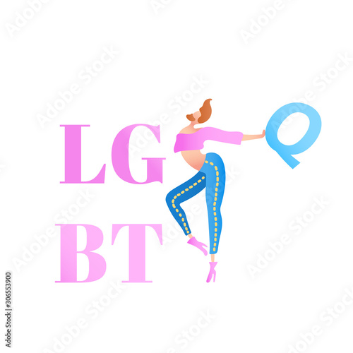 Vector colorful illustration, trendy gay man on heels with LGBTQ text. Flat cartoon style, isolated. Applicable for LGBT, transgender rights concepts, logos, flyers, etc.