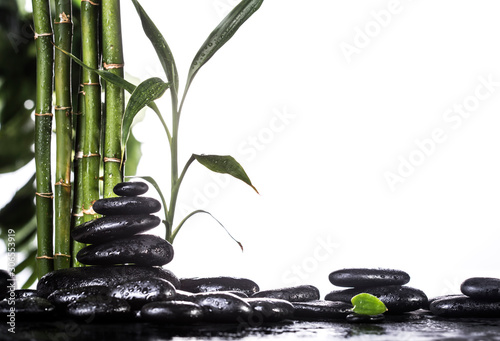 Grean bamboo leaves over zen stones pyramid on white background