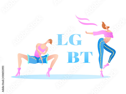 Vector colorful illustration, trendy gay men on heels with LGBT text. Flat cartoon style, isolated. Applicable for LGBT, transgender rights concepts, logos, flyers, etc.