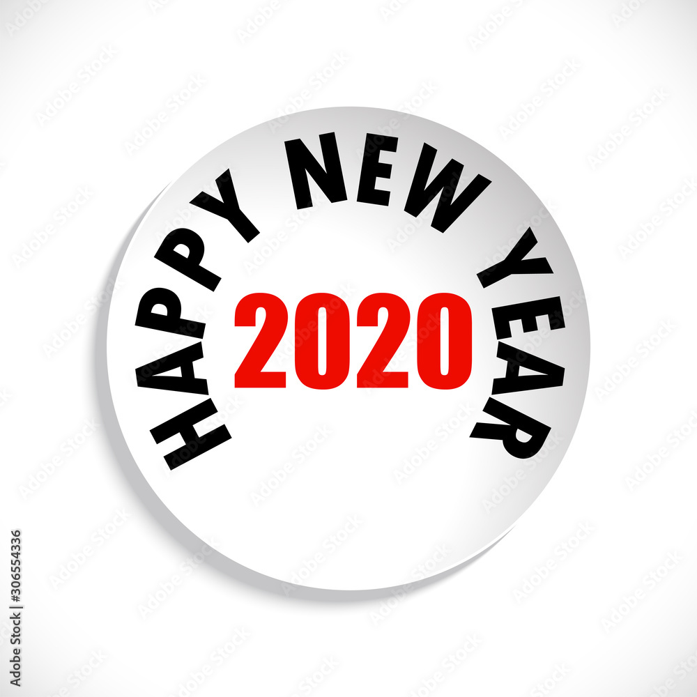 Paper circle sticker isolated on white background with inscription Happy New Year 2020. Vector illustration Paper circle sticker isolated on white background with inscription Happy New Year 2020. Vector illustration
