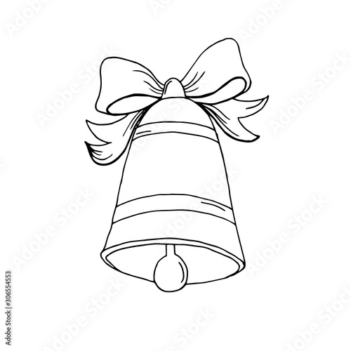 Line art black and white bell with ribbon bow  isolated on a white background. Merry Christmas and Happy New Year Vector black illustration.