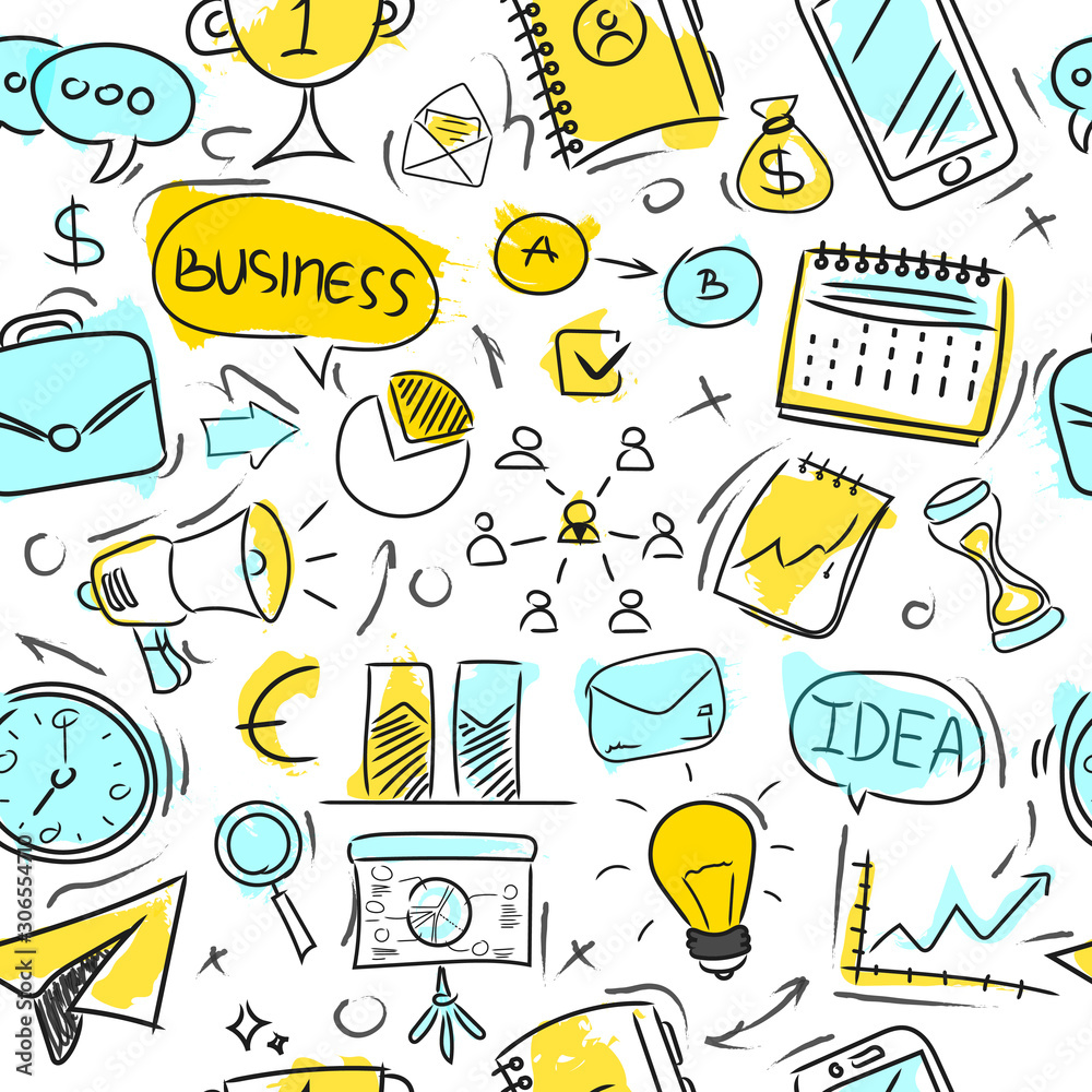 Seamless pattern Big set of hand-drawn business icons on a white background. Doodle style. Yellow and blue color. Seamless pattern Big set of hand-drawn business icons on a white background. Doodle style. Yellow and blue color.