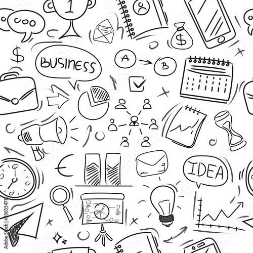 Seamless pattern Big set of hand-drawn business icons on a white background. Doodle style.