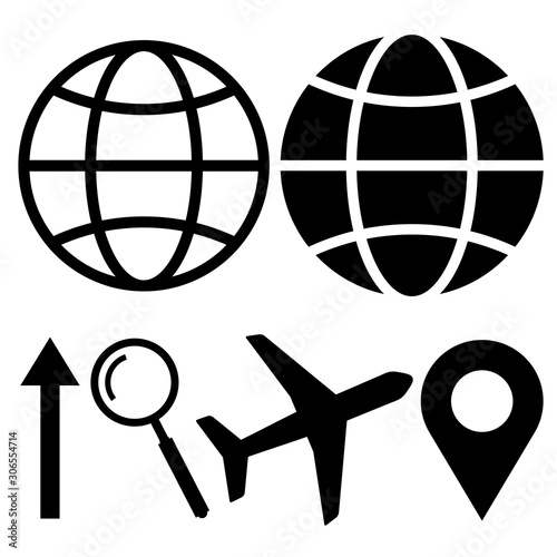 globe icon vector,arrow,Magnifying glass,plane,pin,vector set