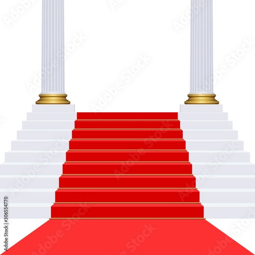 Climbing stairs with red carpet and marble columns on white background 