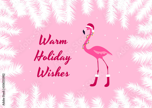 Warm holiday wishes christmas card. Pink Flamingo