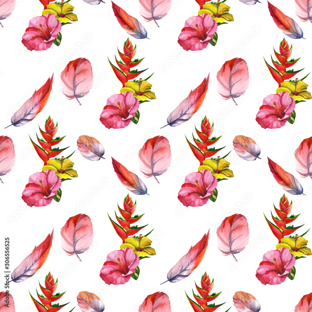 Obraz premium Watercolor seamless pattern with flamingo hand drawing decorative background. Print for textile, cloth, wallpaper, scrapbooking