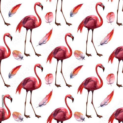 Watercolor seamless pattern with flamingo hand drawing decorative background. Print for textile, cloth, wallpaper, scrapbooking © Artmirei