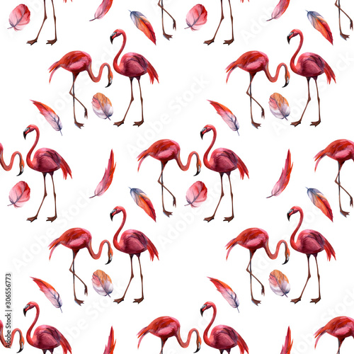 Watercolor seamless pattern with flamingo hand drawing decorative background. Print for textile, cloth, wallpaper, scrapbooking