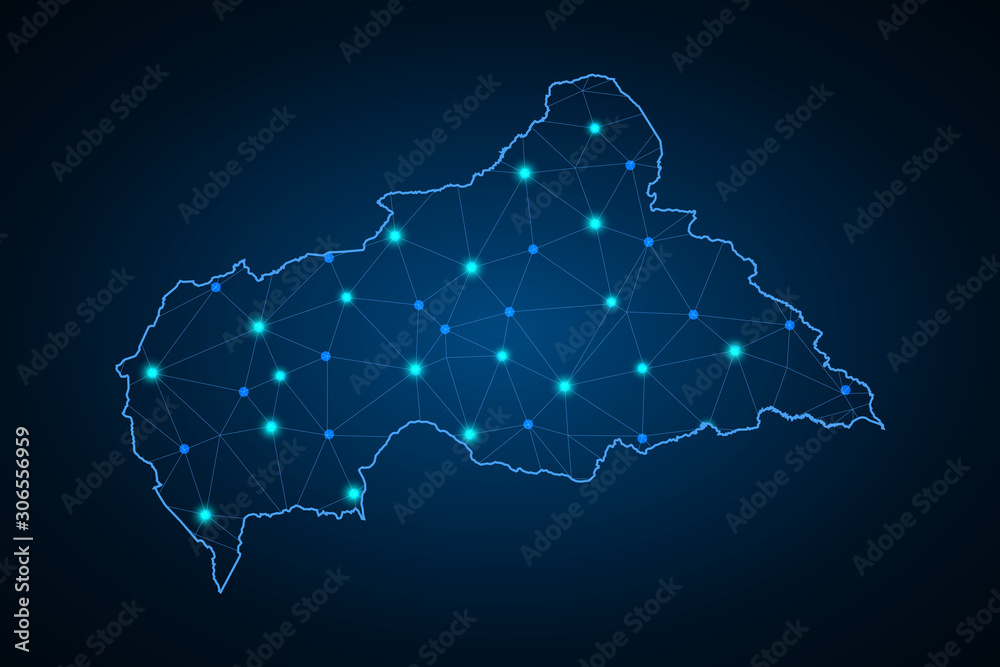 Obraz premium Abstract mesh line and point scales on dark background with Map of central African Republic. Wire frame 3D mesh polygonal network line, design sphere, dot and structure. communications map . - Vector