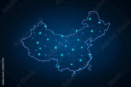 Photo Map of Republic of China from Polygonal wire frame low poly mesh, contours network line, luminous space stars, design sphere, dot and structure