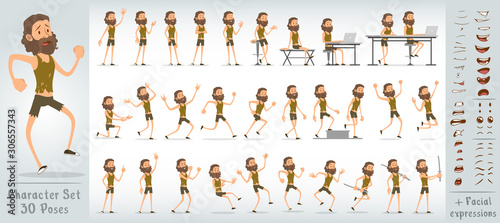 Cartoon flat cute funny homeless boy character in ragged and dirty clothes with beard. 30 different poses and face expressions. Isolated on white background. Big vector icon set.