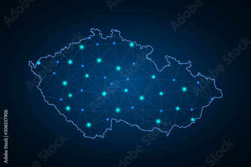 Photo Abstract mesh line and point scales on dark background with Map of czech Republic