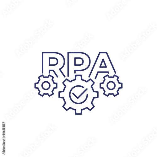 RPA, robotic process automation, vector line icon with gears