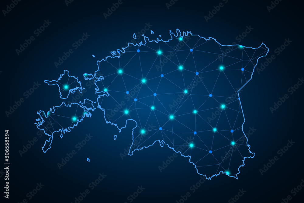 Wire frame 3D mesh polygonal network line, design sphere, dot and structure. communications map of estonia. Vector, Abstract mash line and point scales on dark background with Map of estonia. - Vector
