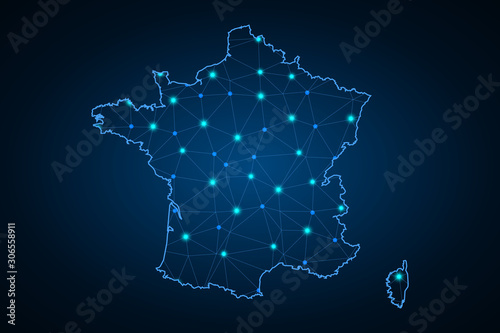 map of France. Wire frame 3D mesh polygonal network line, design sphere, dot and structure. Vector illustration eps 10. - Vector