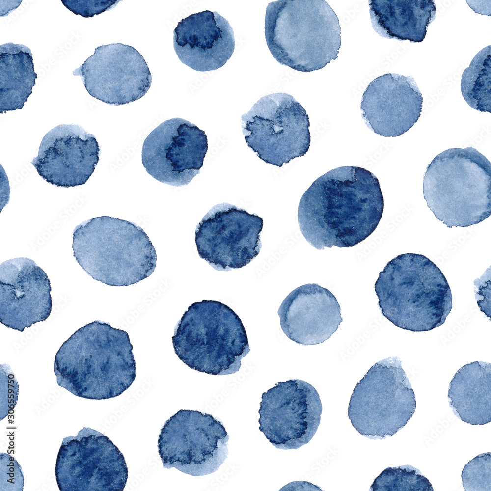 Hand-painted seamless polka dot pattern. Abstract watercolor shapes in indigo blue. Hand-painted seamless polka dot pattern. Abstract watercolor shapes in indigo blue.