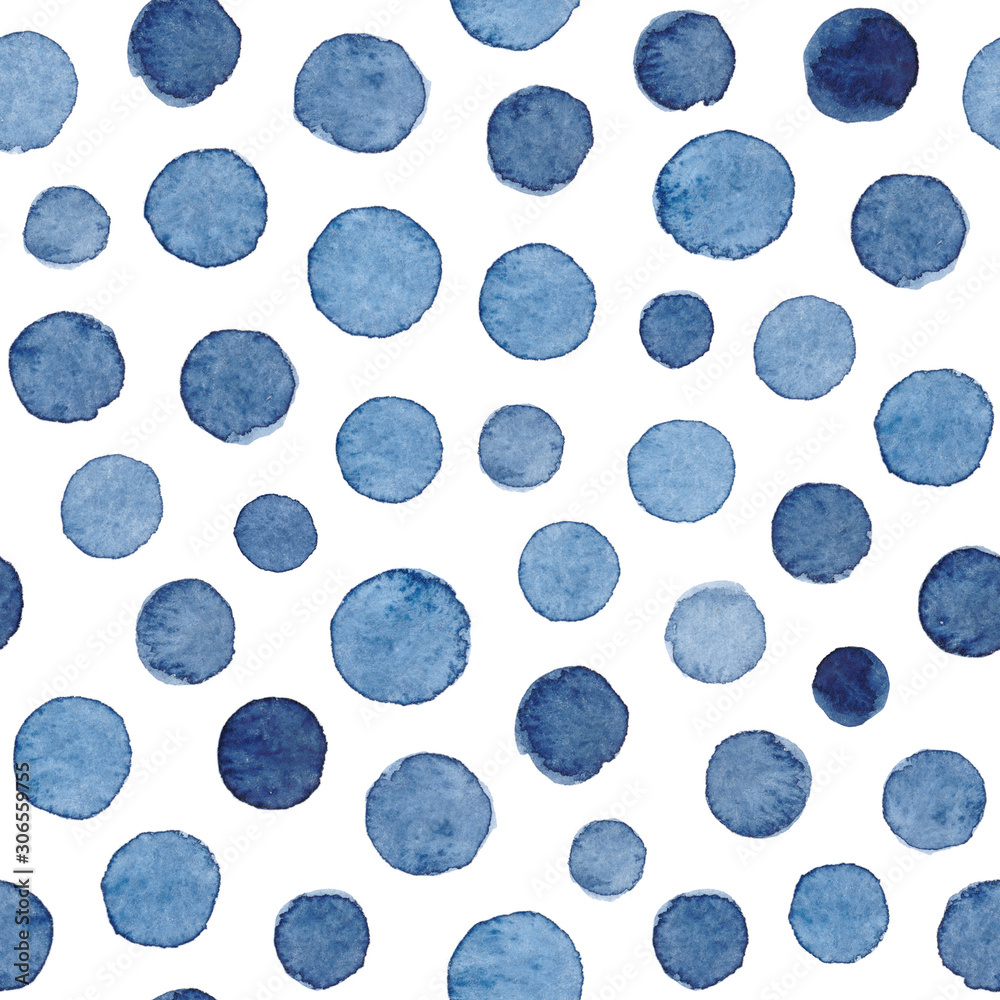 Hand-painted seamless polka dot pattern. Abstract watercolor shapes in indigo blue.