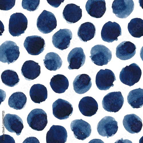 Hand-painted seamless polka dot pattern. Abstract watercolor shapes in indigo blue.
