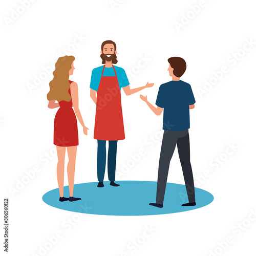 seller man and clients design, shop store market shopping commerce retail buy and paying theme Vector illustration