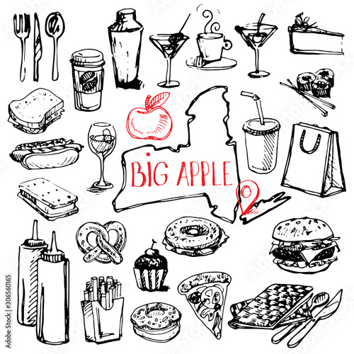 New York, United states of America set of sketch doodle of city street fast food such as burger, hot dog, cheesecake and more