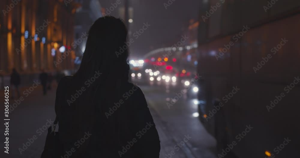 Back view of longhaired woman standing on highway edge waiting for transport taxi at night city. Unrecognizable girl posing on blurred transport headlight background copy space. Destination connection Back view of longhaired woman standing on highway edge waiting for transport taxi at night city. Unrecognizable girl posing on blurred transport headlight background copy space. Destination connection