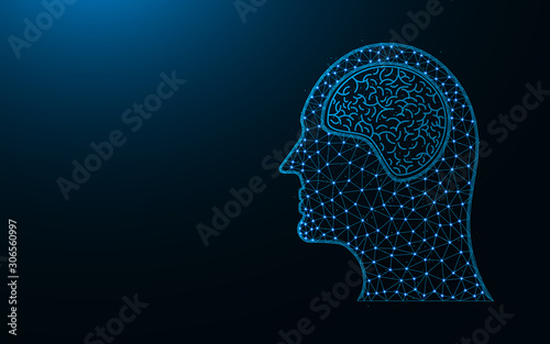 Human head and brain low poly icon, human organ abstract geometric image, medical wireframe mesh polygonal vector illustration made from points and lines on dark blue background
