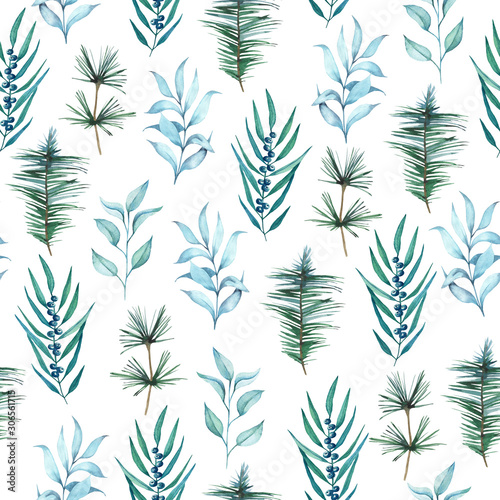 New year seamless watercolor pattern on white background.