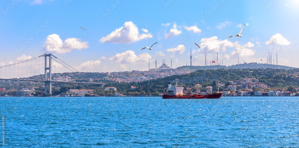 The Bosphorus strait, the bridge and the Asian coast of Istanbul