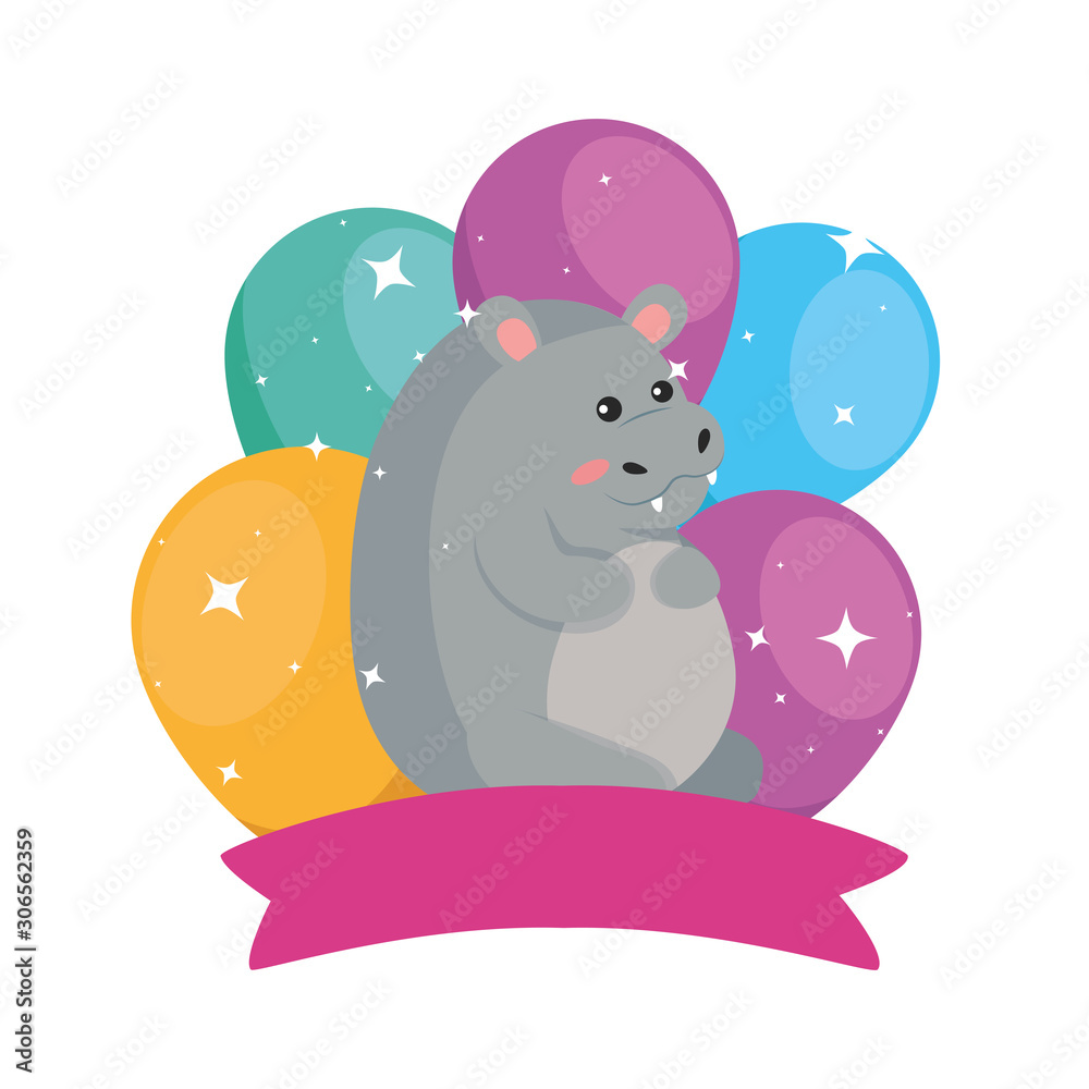 Hippo cartoon design, Animal happy birthday celebration decoration and surprise theme Vector illustration Hippo cartoon design, Animal happy birthday celebration decoration and surprise theme Vector illustration