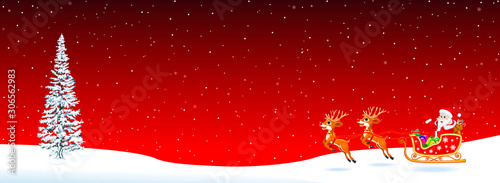 Santa Claus sleigh fir tree on red. Santa Claus on a sleigh with deers on a red background. Spruce, snowflakes, snow. Christmas night. Santa welcomes