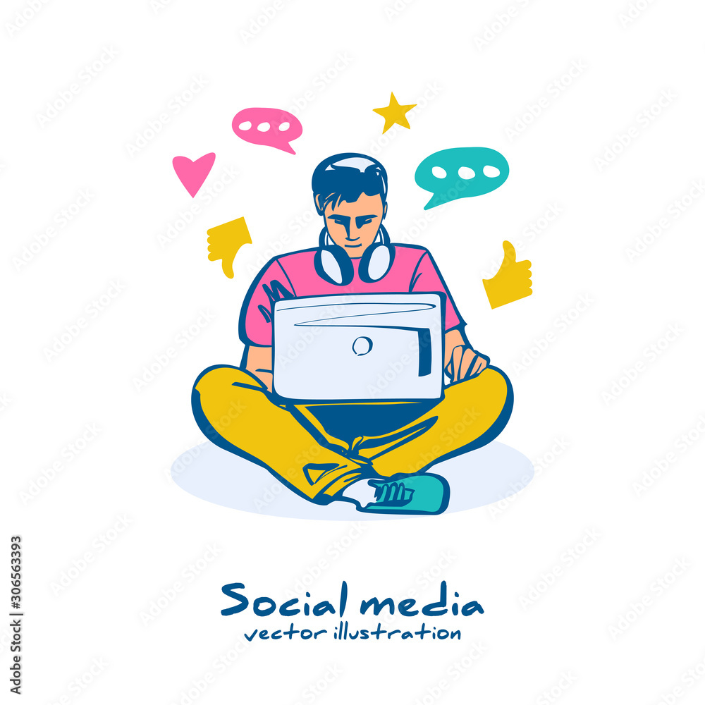 Social networks concept. Young modern man working on laptop sitting. Chatting and sharing. Icon media global planet. Vector illustration sketch design. Isolated on white background.