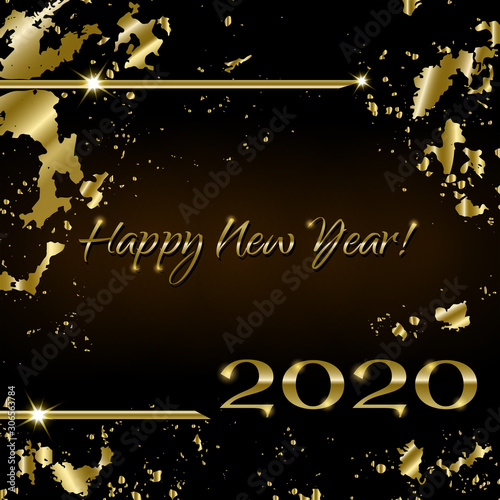 Creative greeting card Happy New Year 2020 and Christmas on the black background in grunge style. Luxury golden numbers and text. Used as a flyer, poster, template, invitation, cover, postcard.