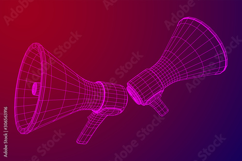 Megaphone or bullhorn for amplifying voice for protests rallies or public speaking. Wireframe low poly mesh vector illustration