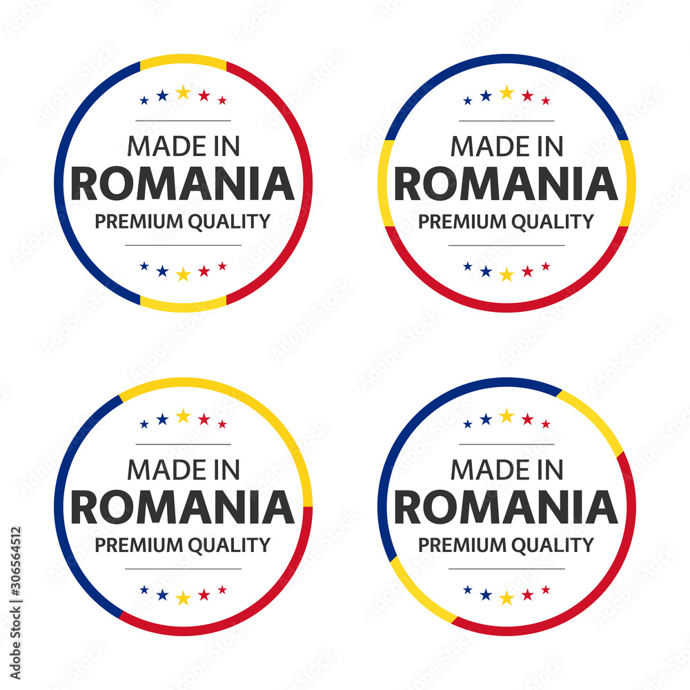 Set of four Romanian icons, English title Made in Romania, premium quality stickers and symbols, internation labels with stars, simple vector illustration isolated on white background Set of four Romanian icons, English title Made in Romania, premium quality stickers and symbols, internation labels with stars, simple vector illustration isolated on white background