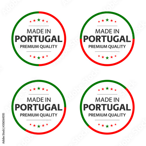 Set of four Portuguese icons, English title Made in Portugal, premium quality stickers and symbols, internation labels with stars, simple vector illustration isolated on white background
