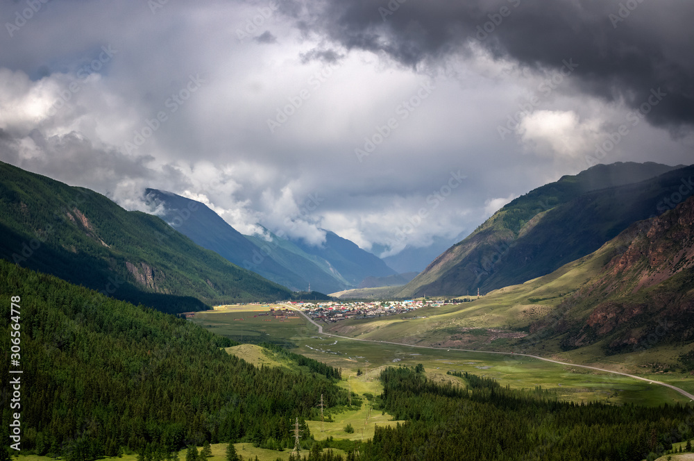 Panorama summer day in the Altai mountains with clouds, Russia,