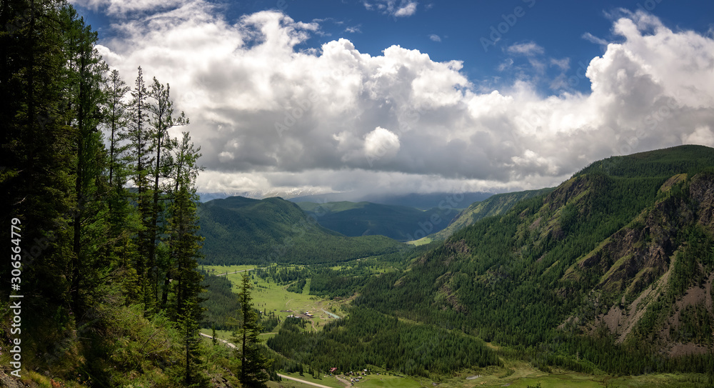 Panorama summer day in the Altai mountains with clouds, Russia,