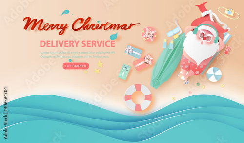 Summer Santa Claus Christmas day July.Delivery service concept cute cartoon character for Xmas design on sea wave water background.Creative paper cut and craft style.web minimal vector illustration