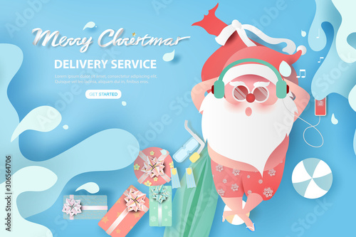 Summer Santa Claus Christmas day July concept.Delivery service cute cartoon character for Xmas design on splash water background.Creative paper cut and craft style.web minimal vector illustration