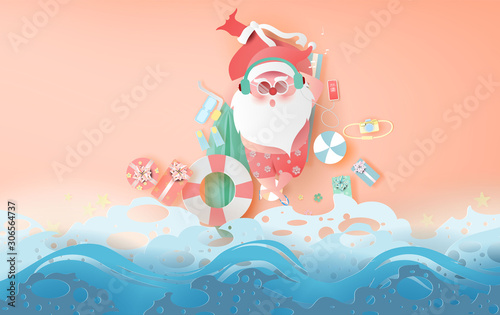 Summer Santa Claus Christmas day July concept.Delivery service cute cartoon character for Xmas design on sea wave water background.Creative paper cut and craft style.web minimal vector illustration