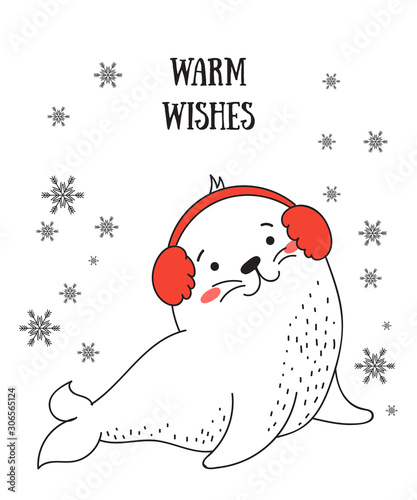 Creative postcard for Christmas and New Year with cute seal and winter slogan