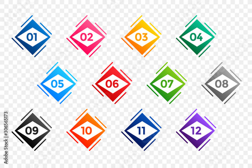 geometric numbered bullet points from one to twelve