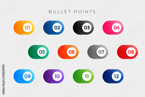 bullet points numbers in button style from one to twelve