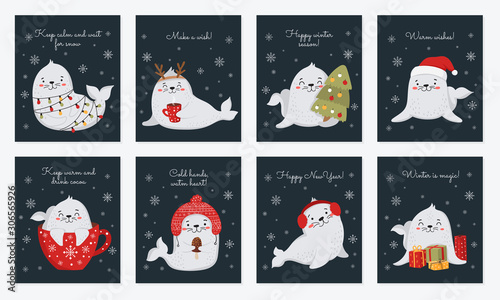 Creative postcard collection for Christmas and New Year with cute seals and winter slogan.